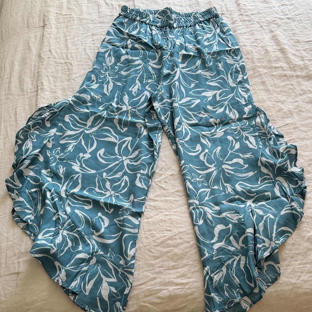 Blue Floral Ruffle Wide-Leg Pants